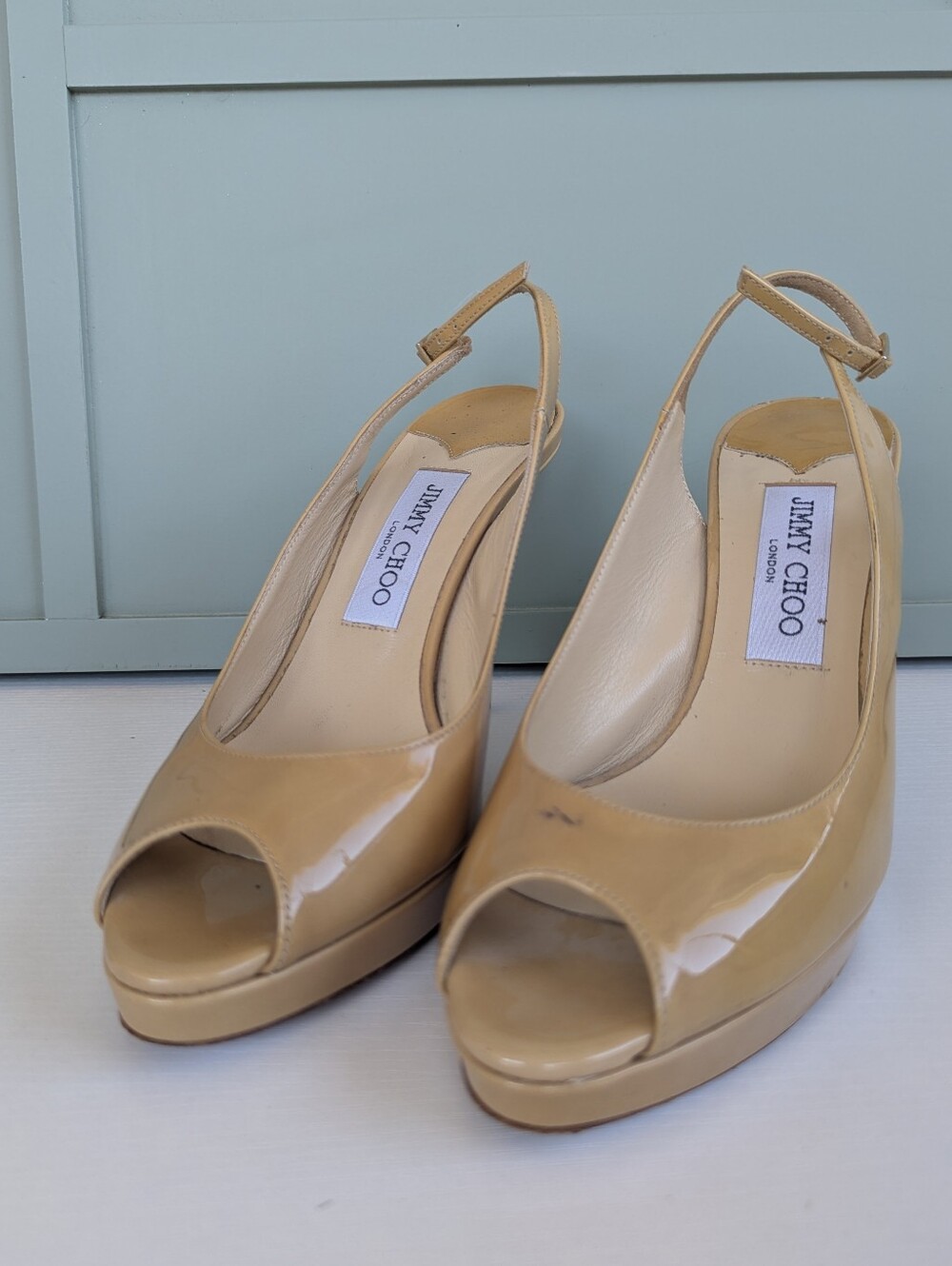 Jimmy Choo Beige Patent Leather Peep-Toe Slingback Wedges